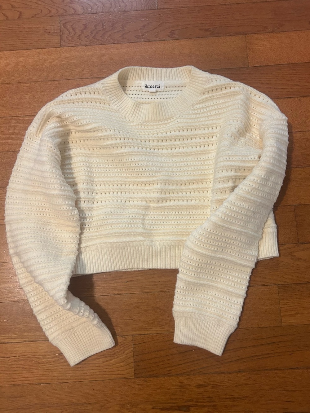 &merci Cream Ribbed Knit Long Sleeve Crewneck Crop Sweater Size L